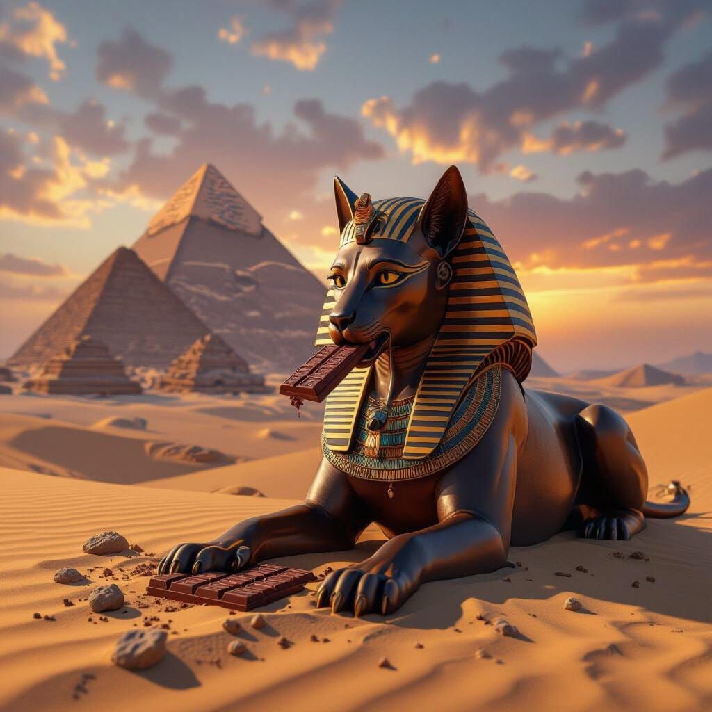 Sphinx Enjoys Chocolate Bar by Pyramids at Sunset