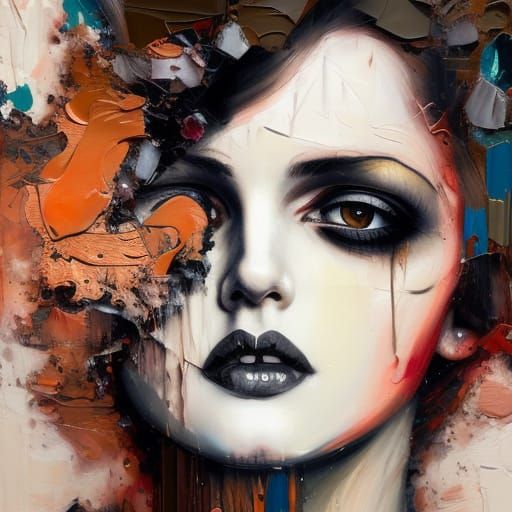 Gothic Flapper Girl Portrait as Impasto Acrylic Painting