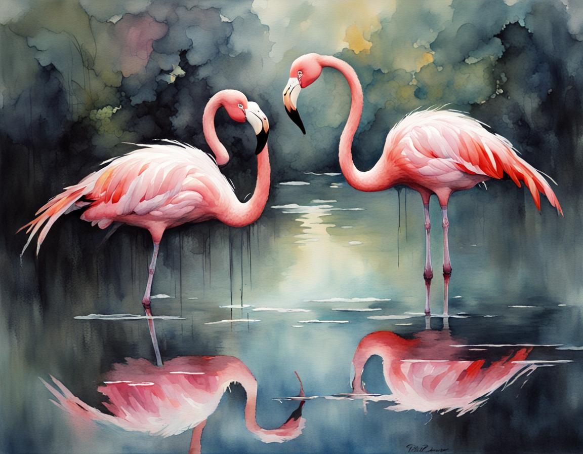 Flamingos in Love: Watercolour Painting with Japanese Influe...