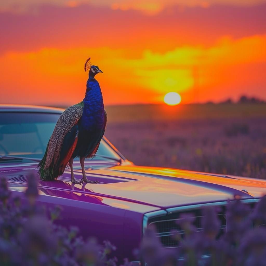 Peacock on Purple Charger at Sunset: Realistic Photography