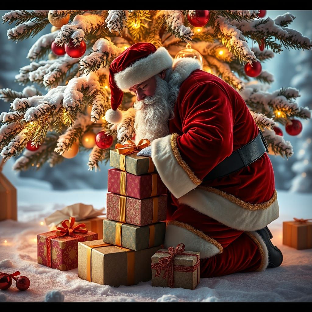 Surreal Santa Claus in Richly Textured Velvet Suit Amidst Ma...