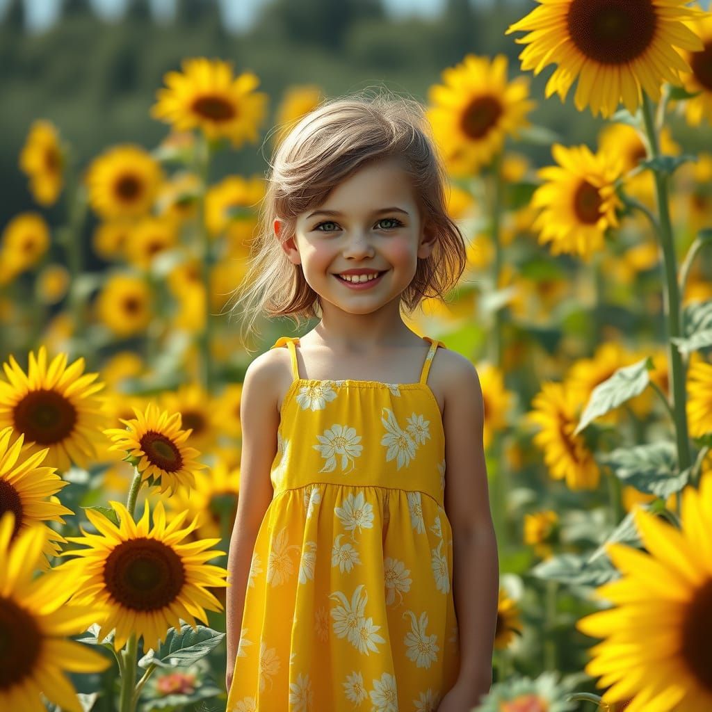 Charming Young Girl in Sunflower Field