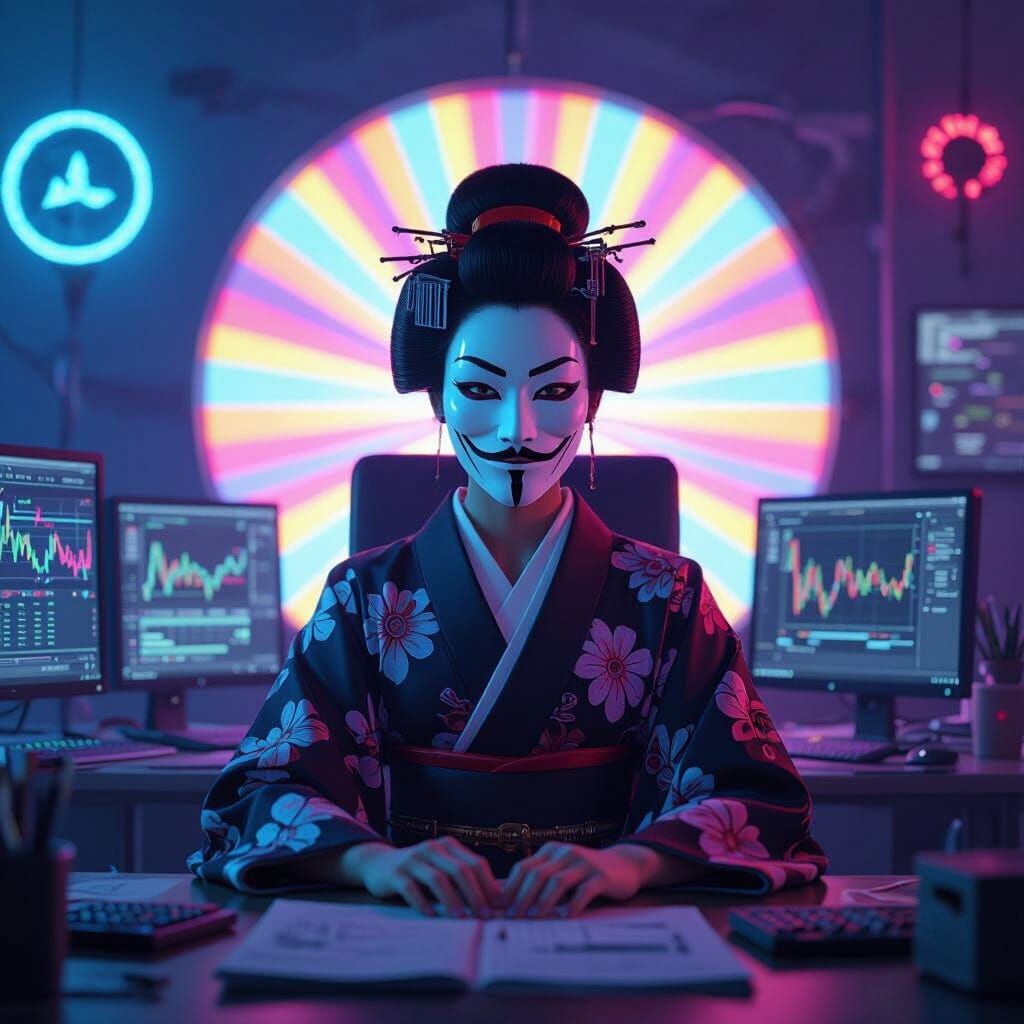 Japanese Woman in Kabuki Mask: Pixar-Style 3D Rendering