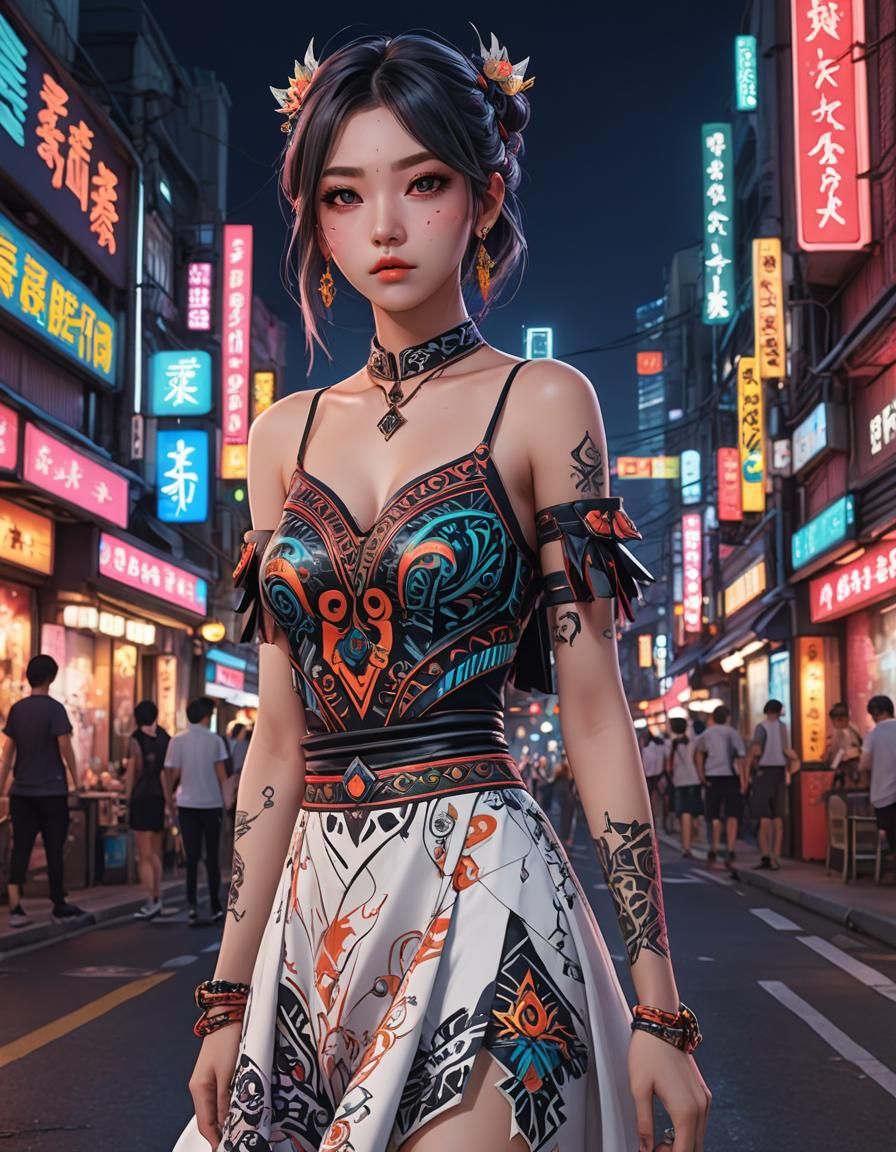 Beautiful K-Pop Girl with Tattoos on Neon Street