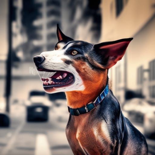 Hyperrealistic Angry Dog Barking in City Street