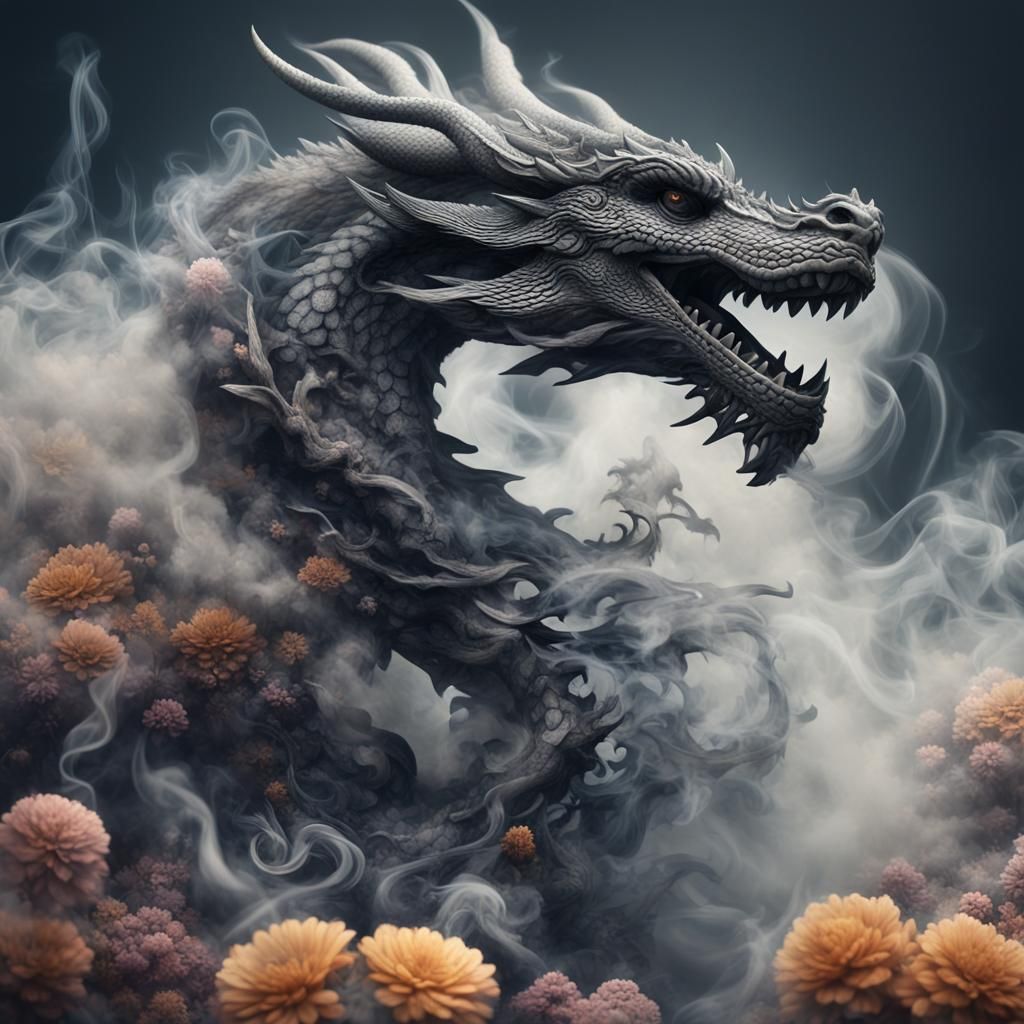 Smoky Dragon and Floral Shapes in Hyperrealistic Style