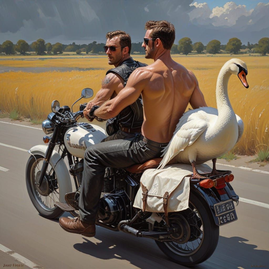 Swashbuckling Rider with Swan Companion in Oil Painting