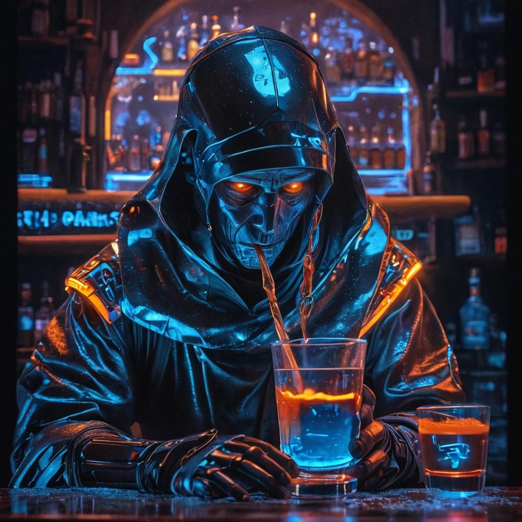Robotic Monk Drinks Blue Shot in Steampunk Bar