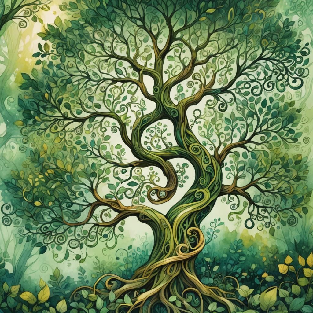 Whimsical Tree Illustration in Fantasy Landscape