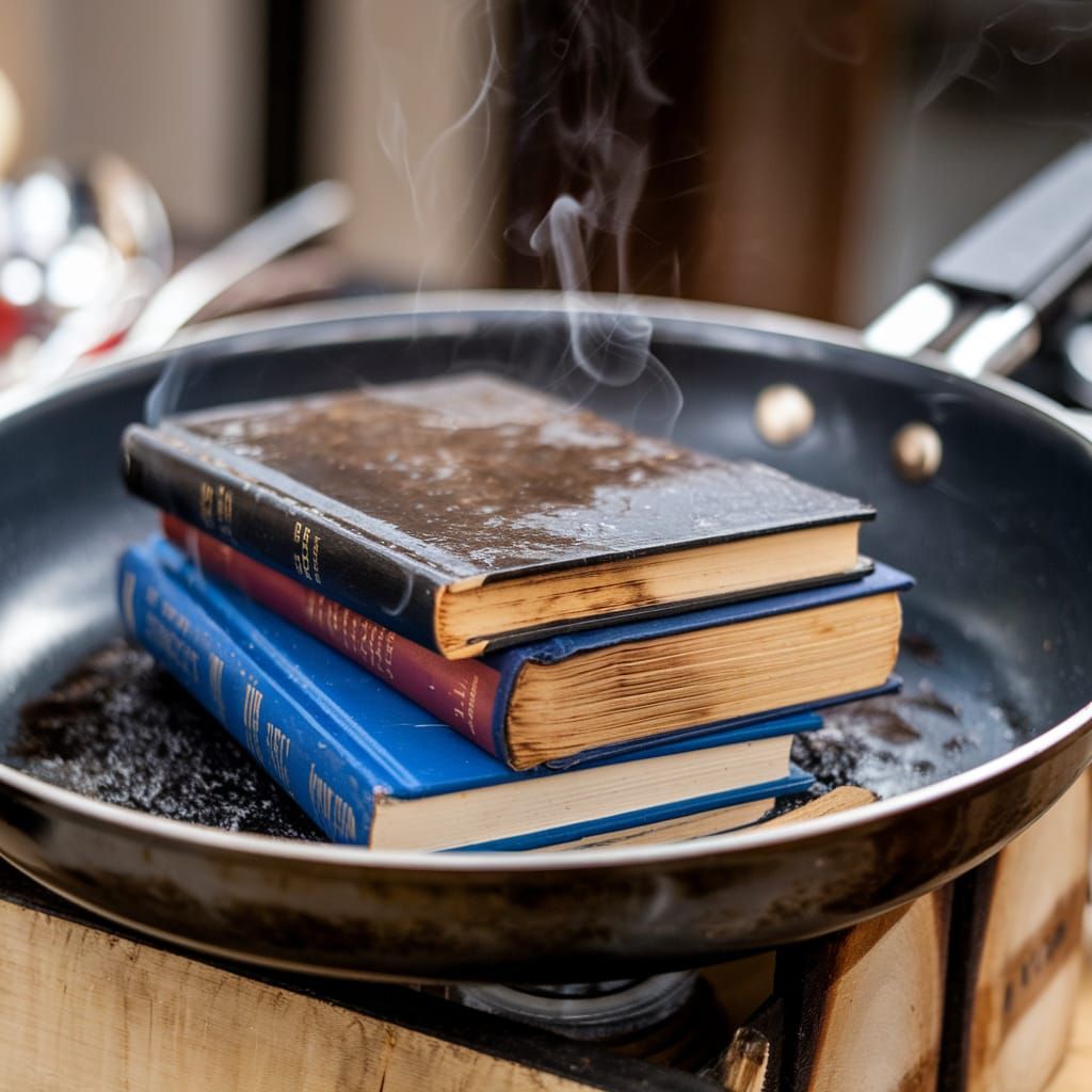 Books Charred in Frying Pan, Smoky Aroma
