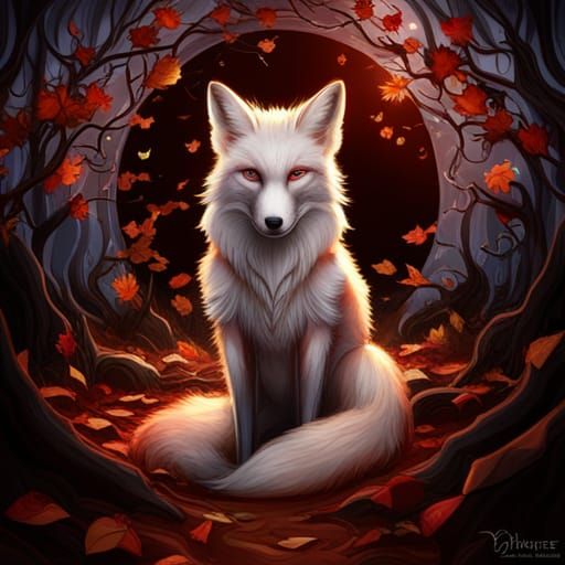 Fox with Moon and Autumn Leaves, Digital Art