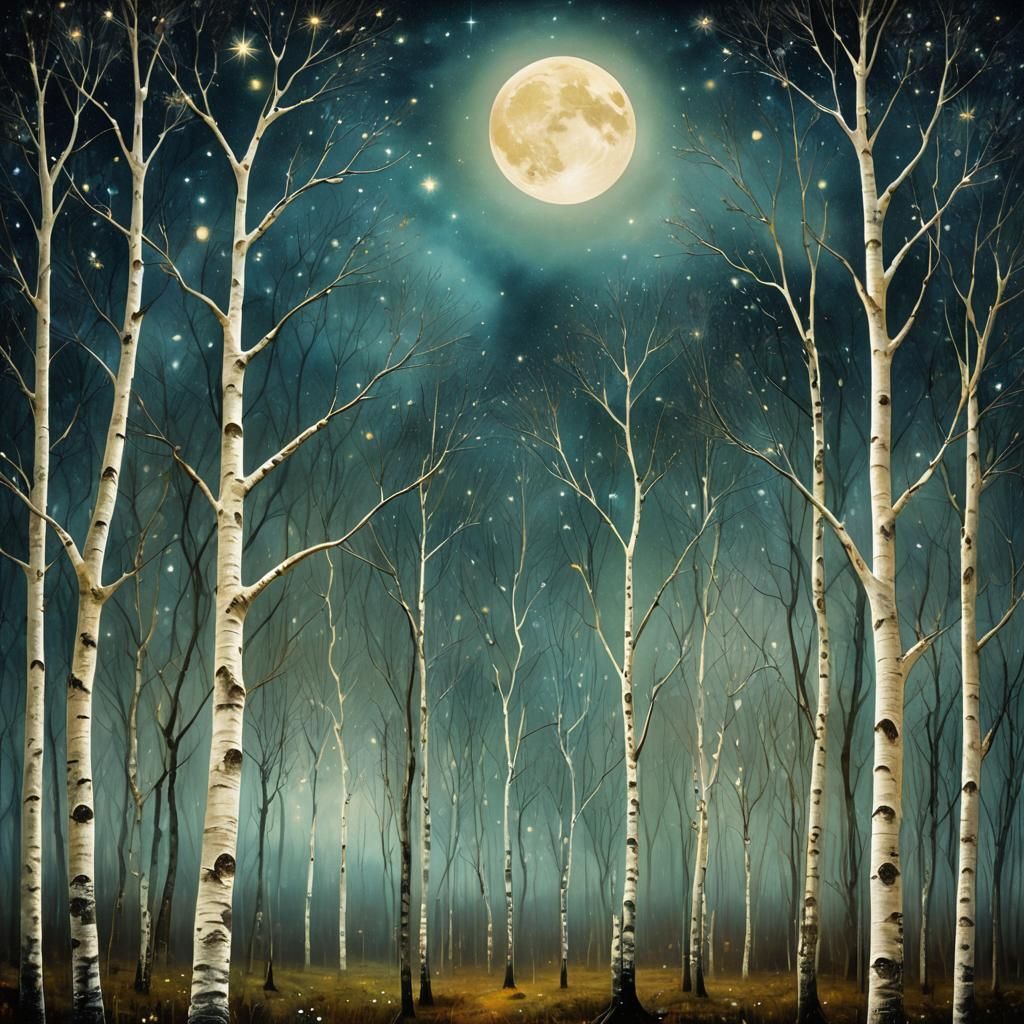 Surreal Moon Over Starry Birch Woods