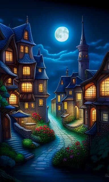 Fairytale Village Pencil Sketch Illustration