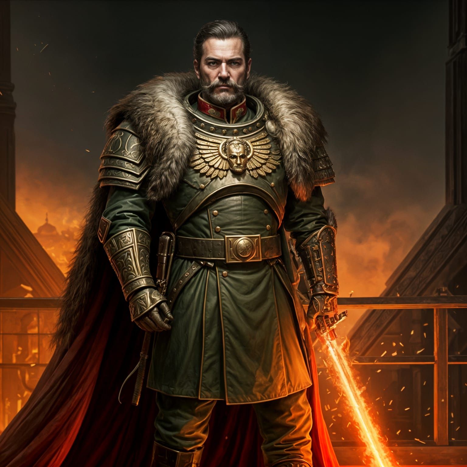 Stern Noble Officer Stands Tall on Imperial Voidship Bridge