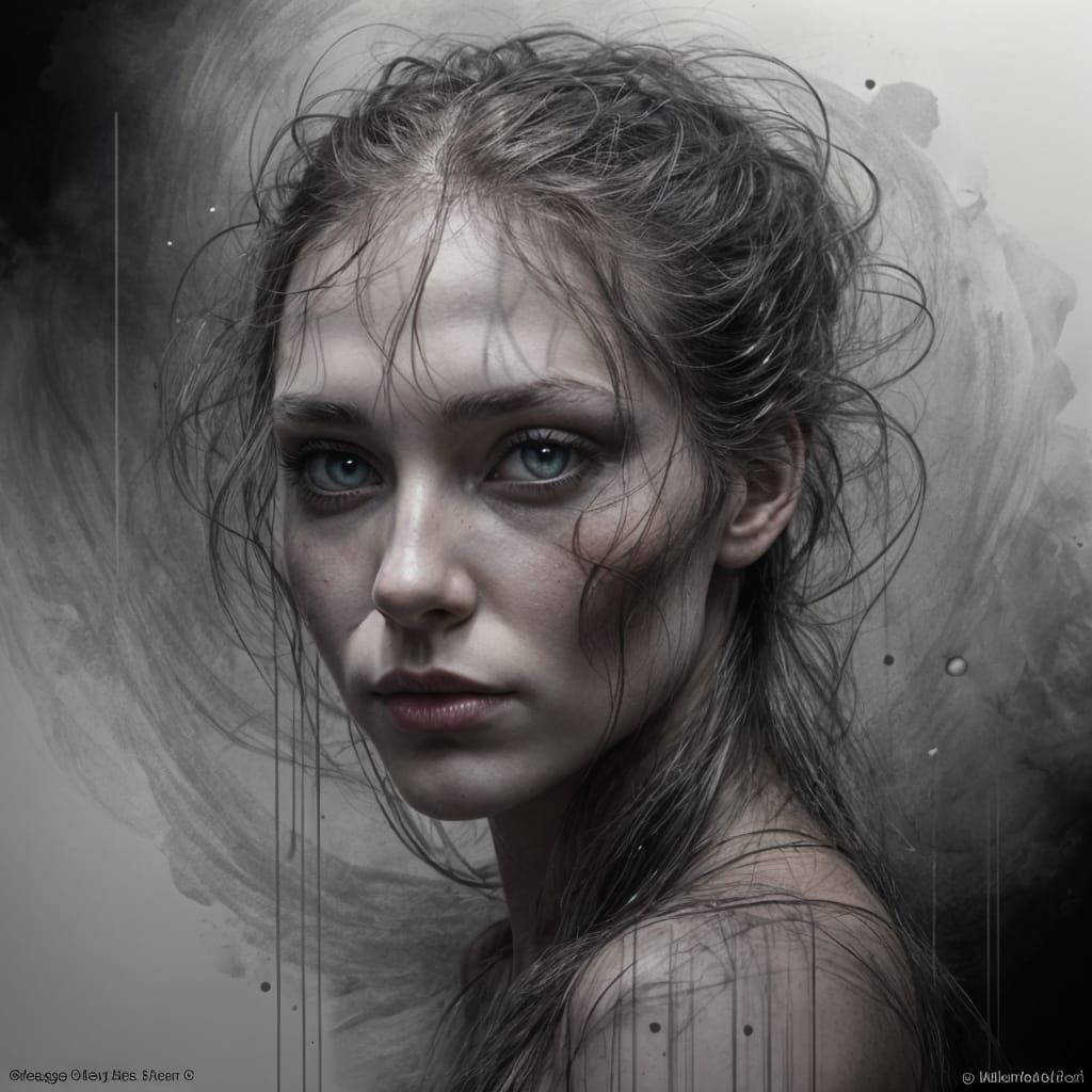 Inky Portrait with Striking Grey Eyes