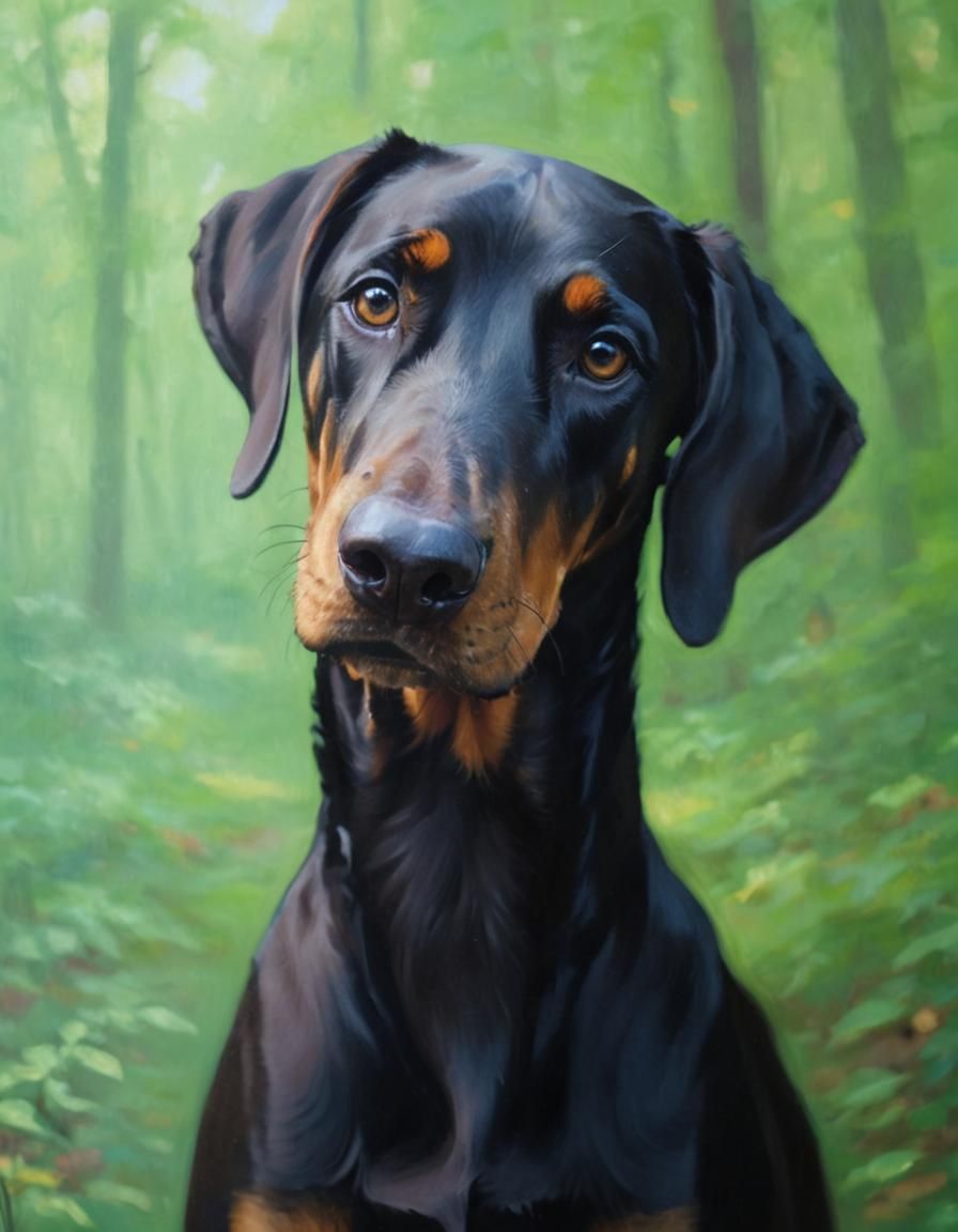 Doberman Dog in Forest, Warmly Lit Oil Painting