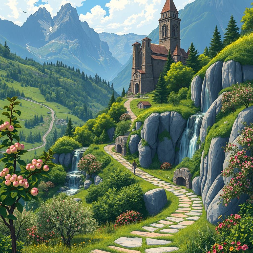 Majestic Sanctuary of San Romedio Amidst Vibrant Apple Orcha...