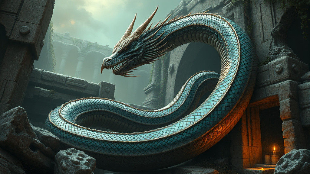 Serpent Coiled Around Ancient Ruins in Fantasy Style