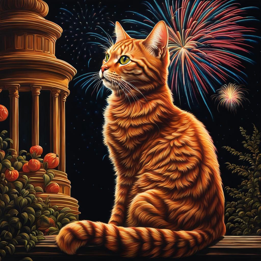 Marmalade Cat Watches Fireworks in Chiaroscuro