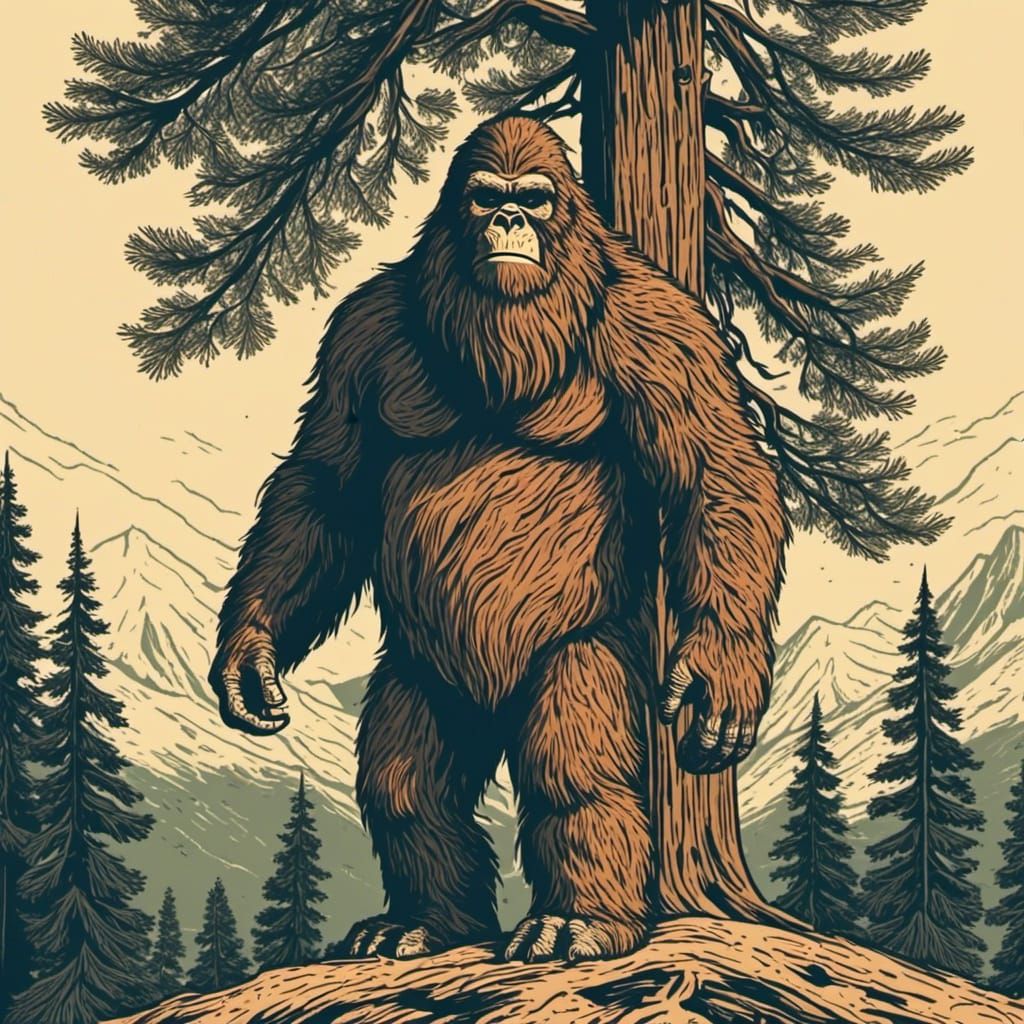 Sasquatch by Pine Tree in Screen Print Style