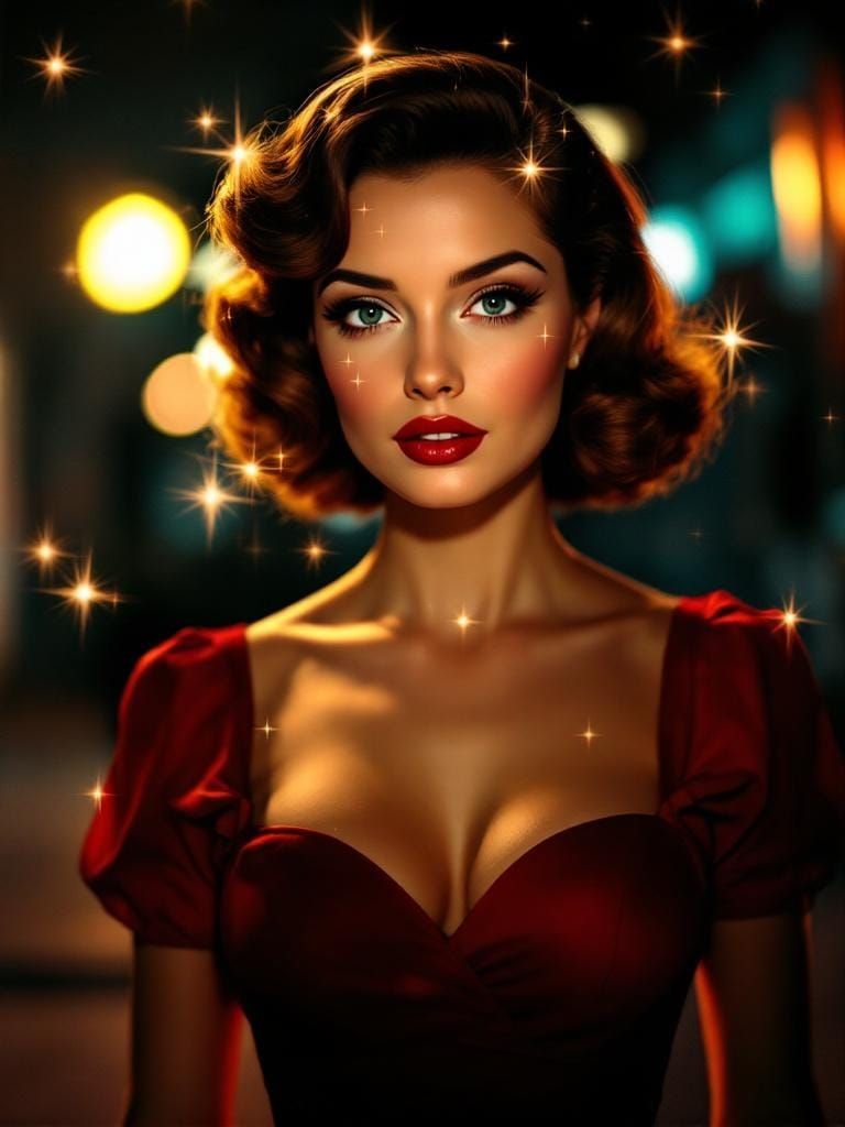 1950s Pin-Up Woman with Star Filter Effect