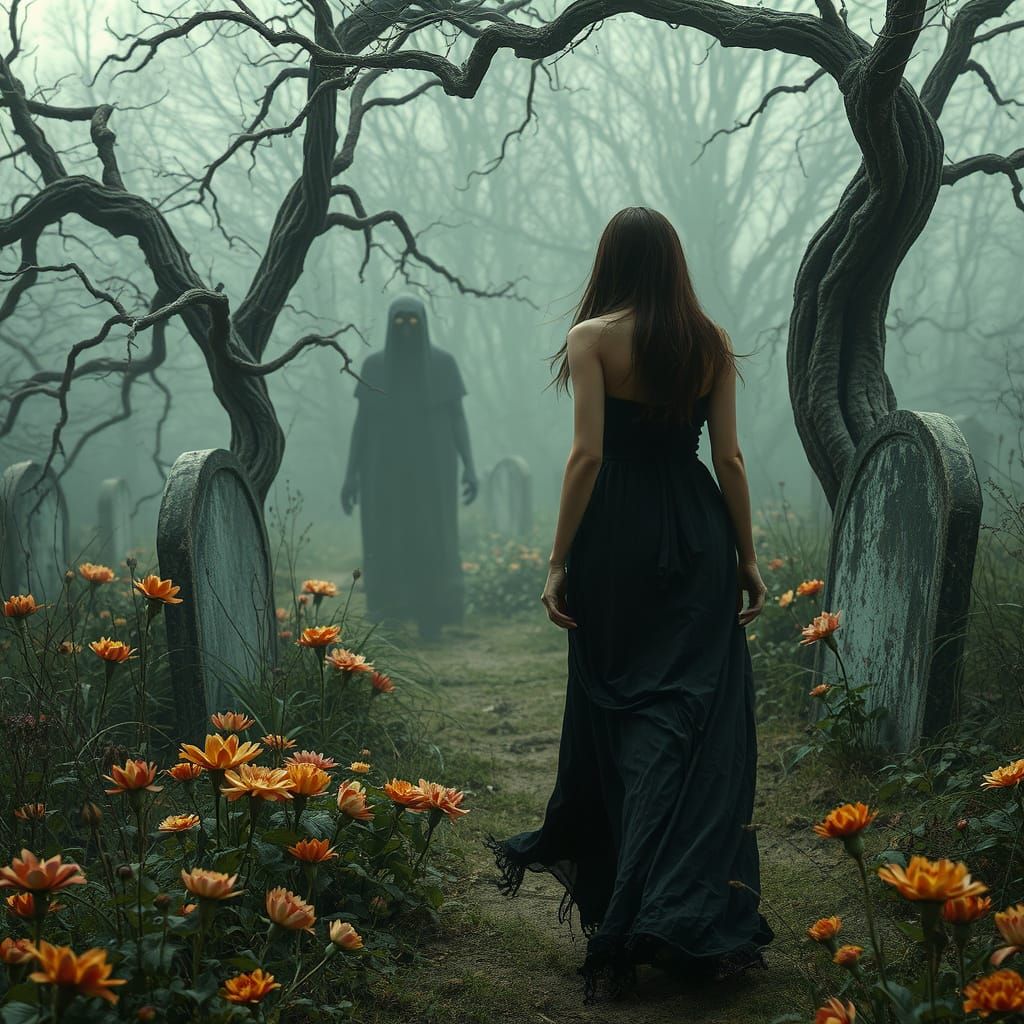 Sinister Garden with Shadow Figures in Dark Fantasy Style