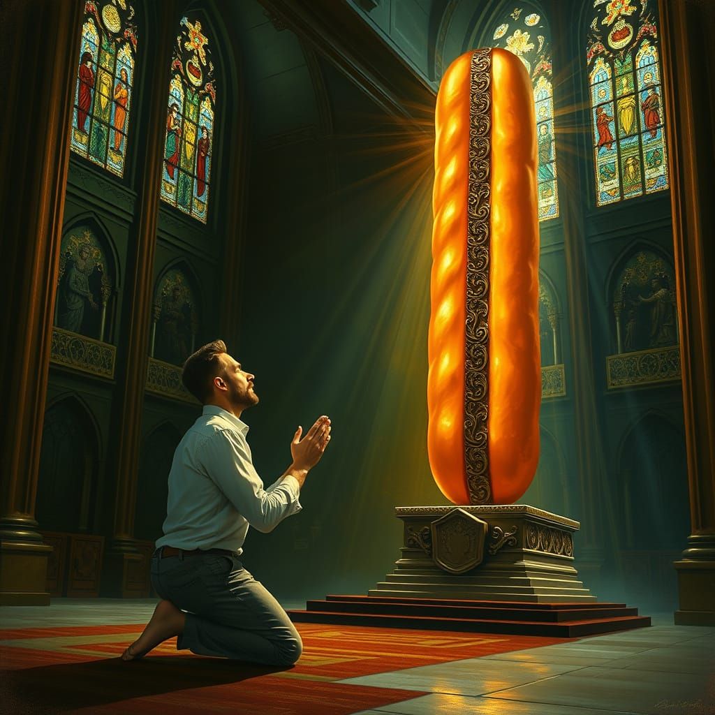 Man Praying to Luminous Hotdog Statue in Cathedral