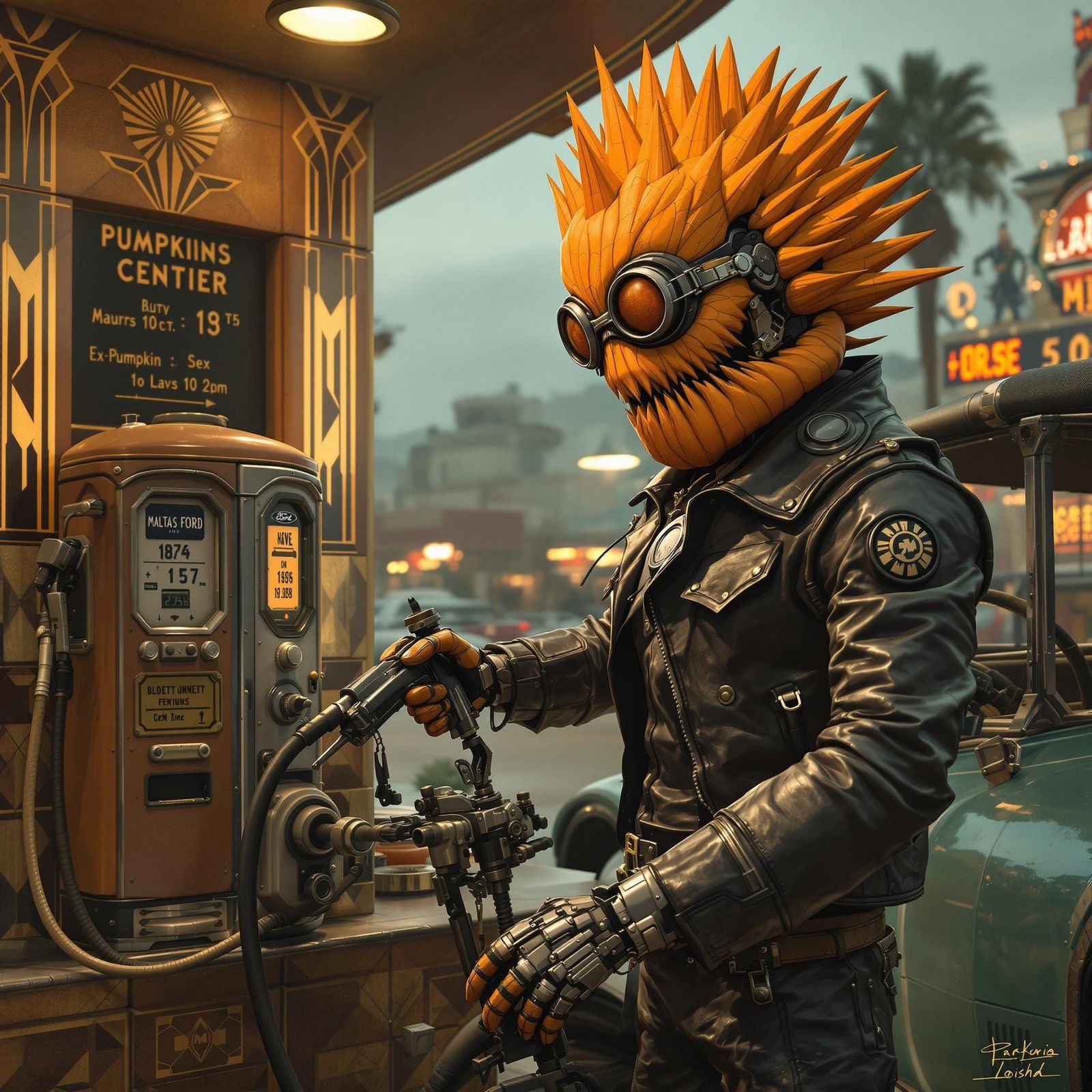 A spikey pumpkin robot working at a 1920s gas station.