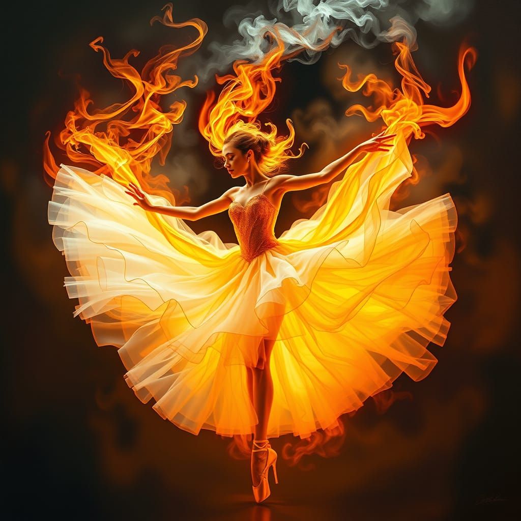 Surrealist Ballerina Dances in Whirlwind of Flames and Smoke