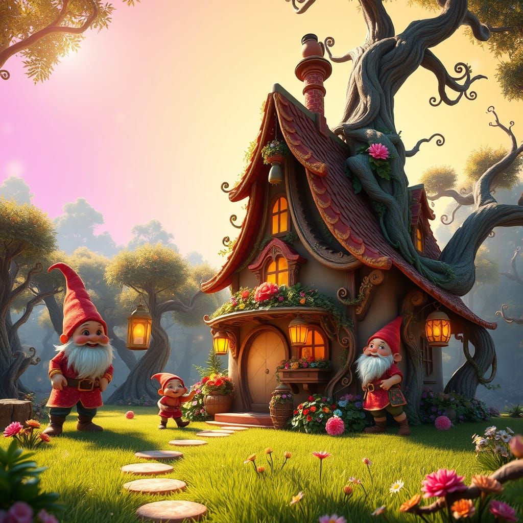 Dwarfs in Whimsical Cottage Scene, in Vibrant Digital Art St...