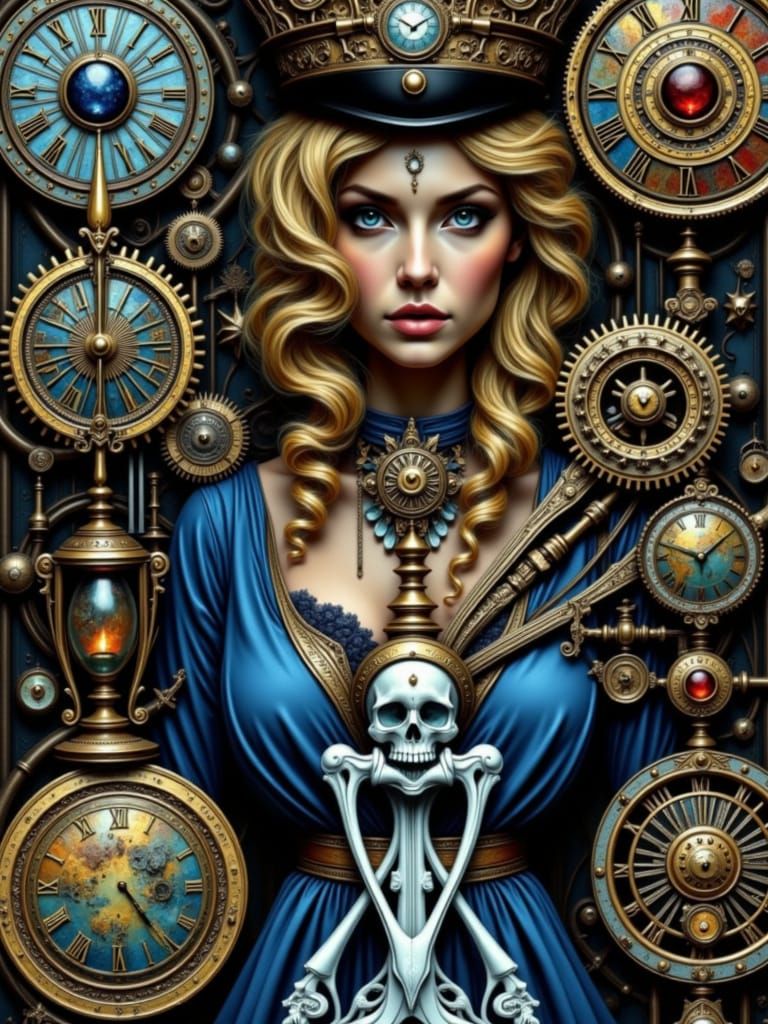 Beautiful Time Princess with Gears and Pipes in Hyperrealism