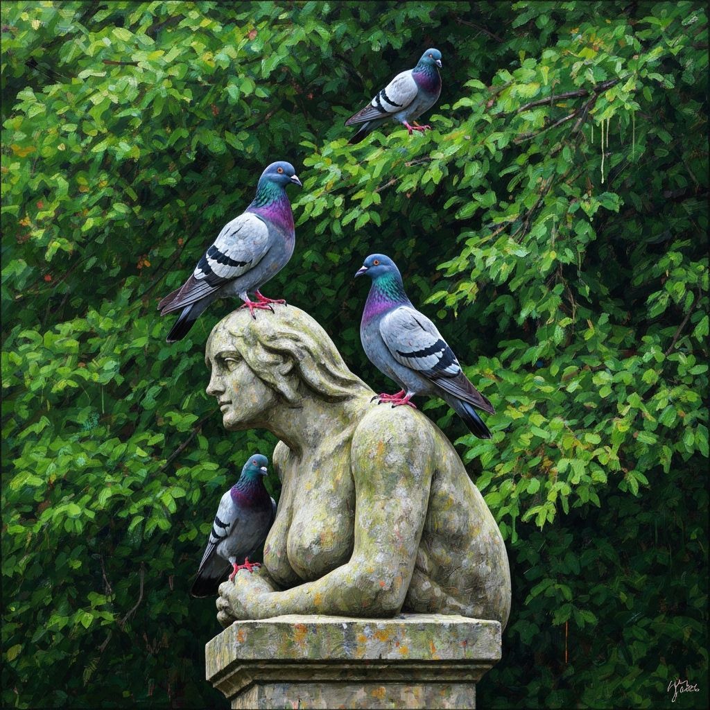 Pigeons on Statue in Basquiat & Friedrich Style