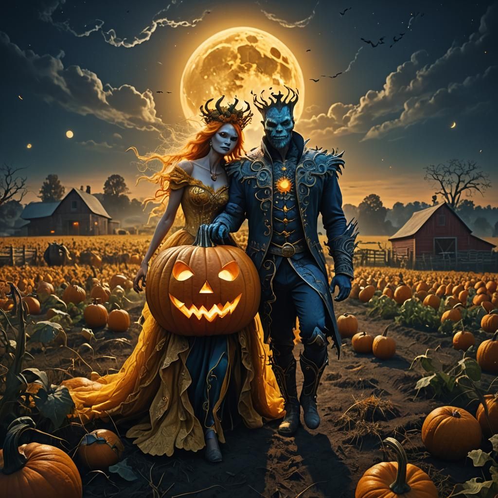 Pumpkin King and Queen in Farm Field, Digital Art