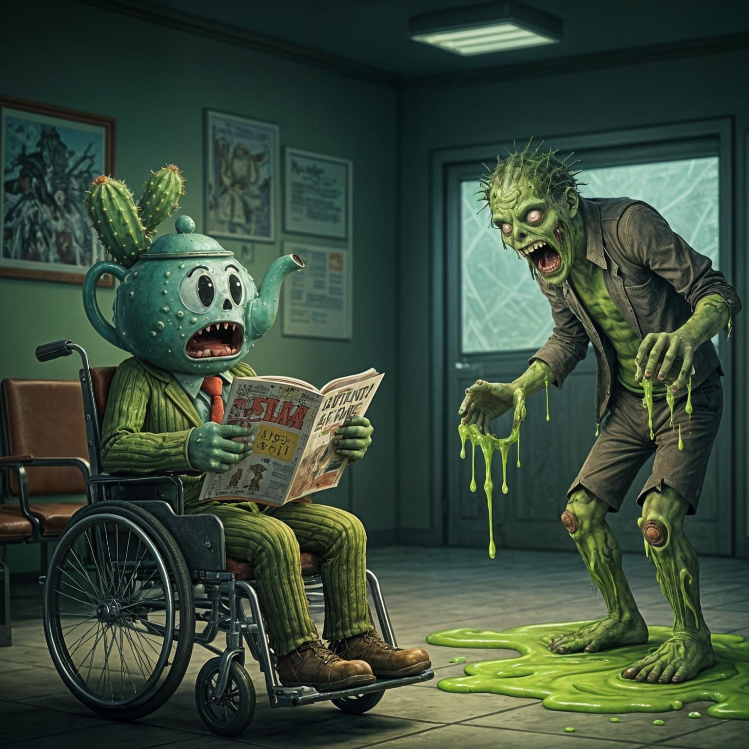 Terrified Teapot in Wheelchair Encounters Zombie