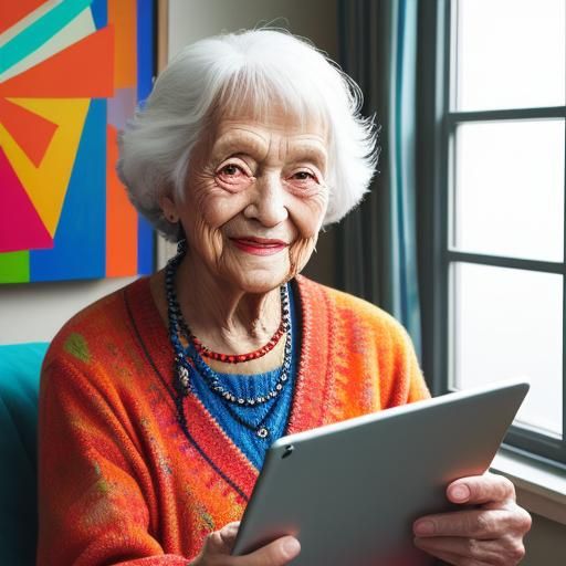 Smiling Senior Citizen Holding Tablet in Picasso-Inspired St...