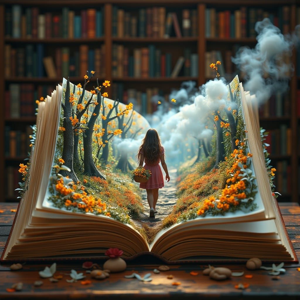 a book with an open page, on the pages is a girl holding a b...