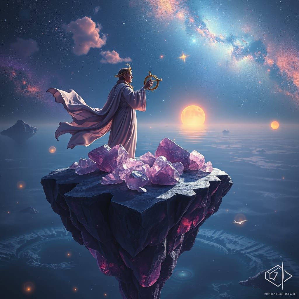 Celestial Navigator on Amethyst Island in Digital Art Style