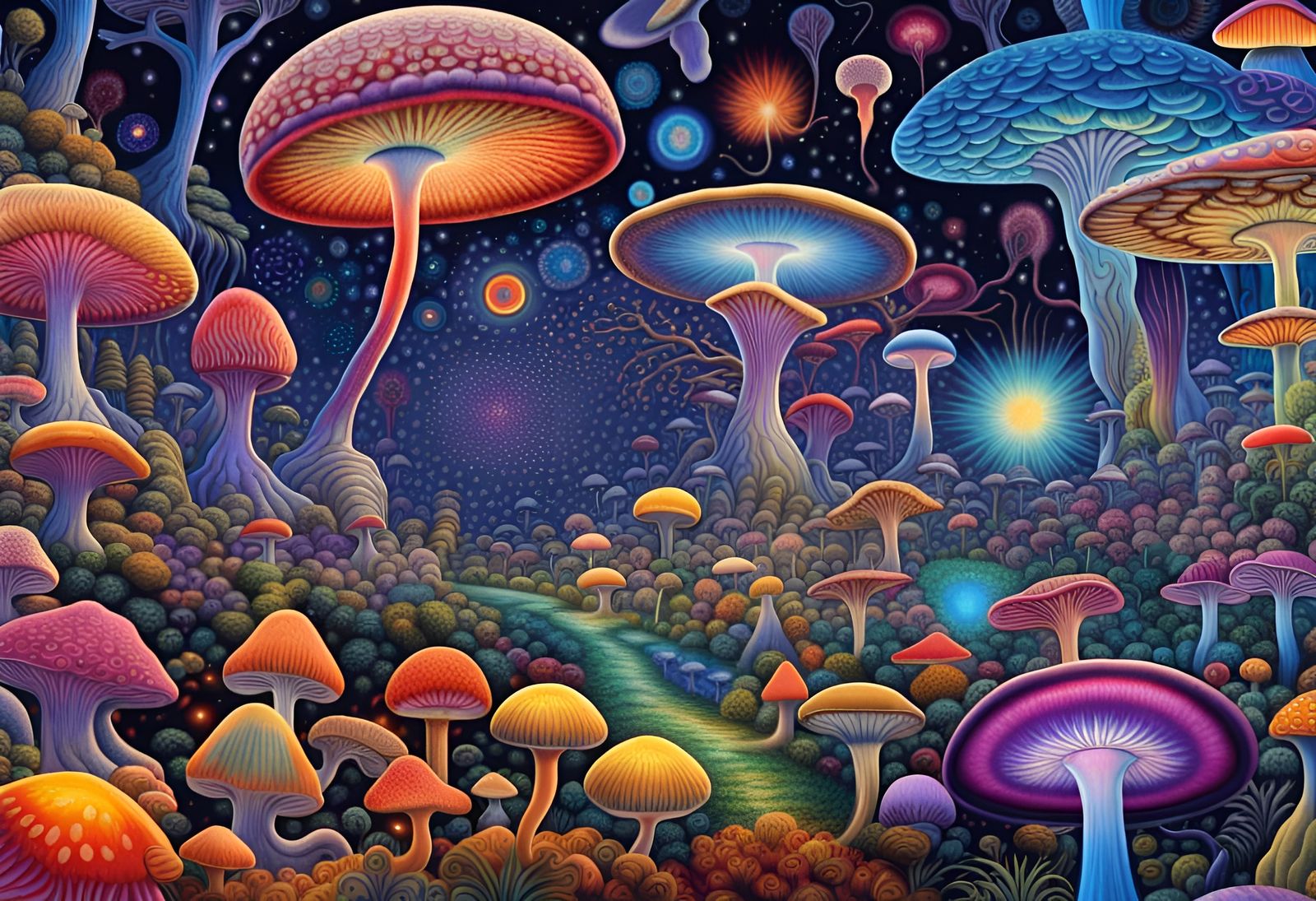 Psychedelic Mushroom Garden with Fantasy Creatures