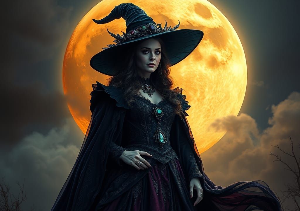Majestic Witch and Halloween Moon in Detailed Matte Painting