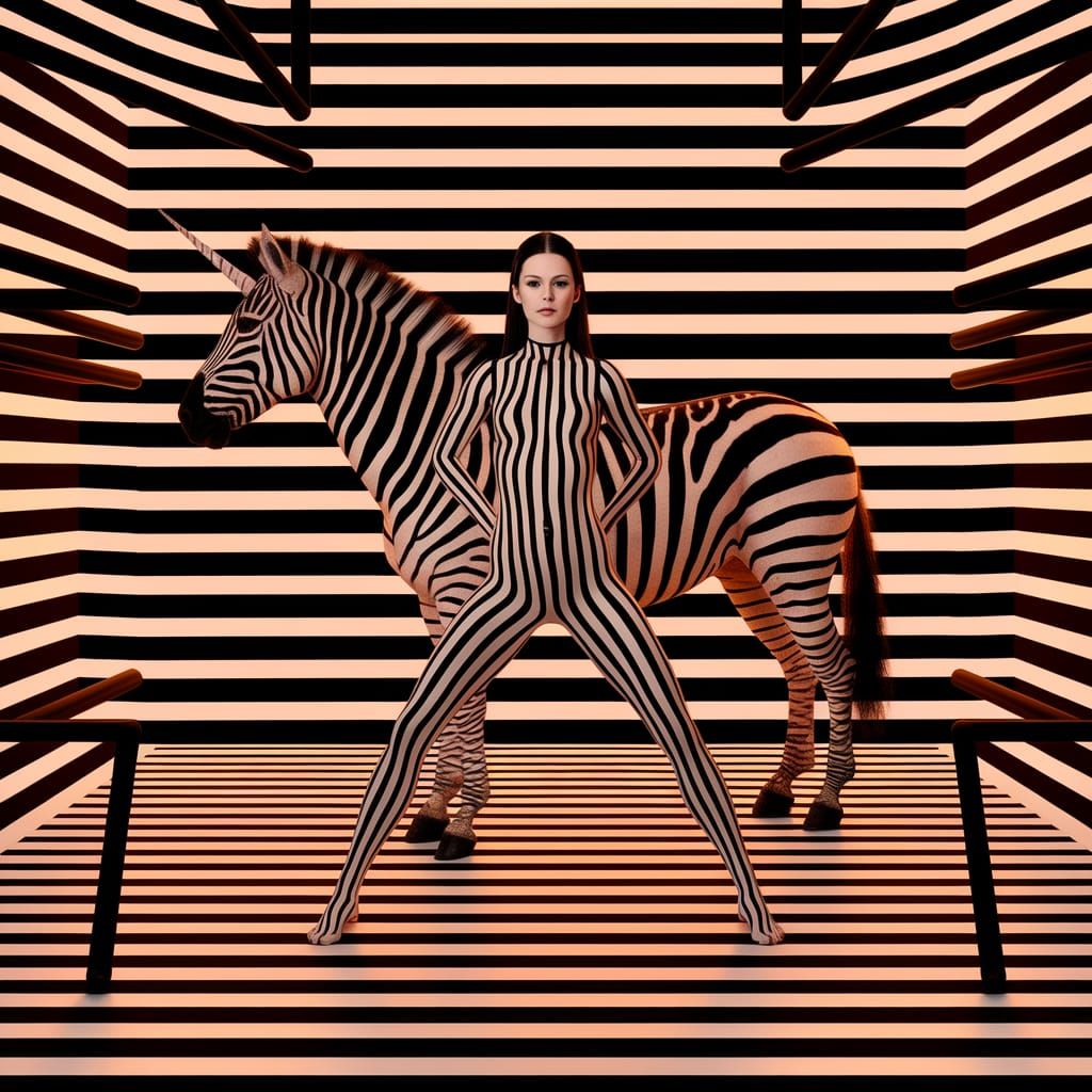 Surreal Woman with Striped Bodypaint and Zebra Unicorn
