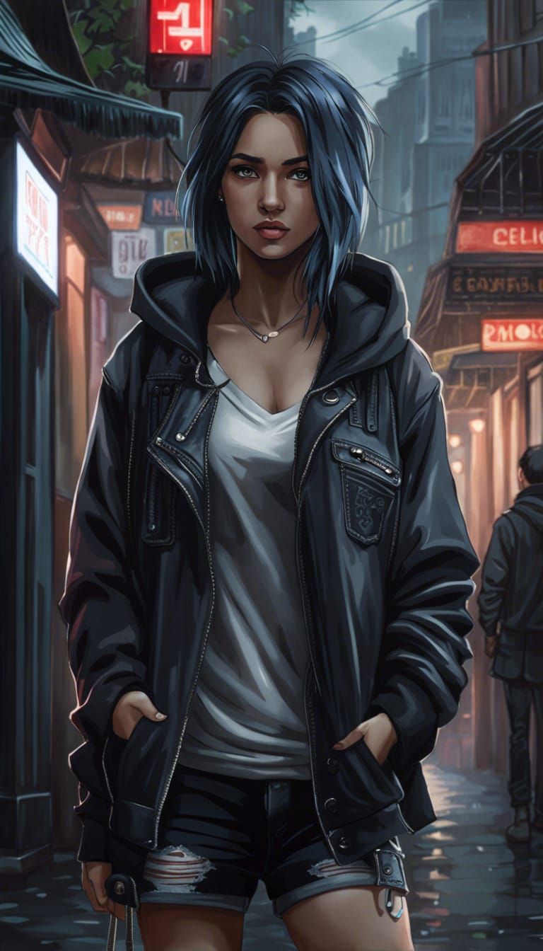 Emo Girl in Rainy City: Anime-Inspired Digital Art