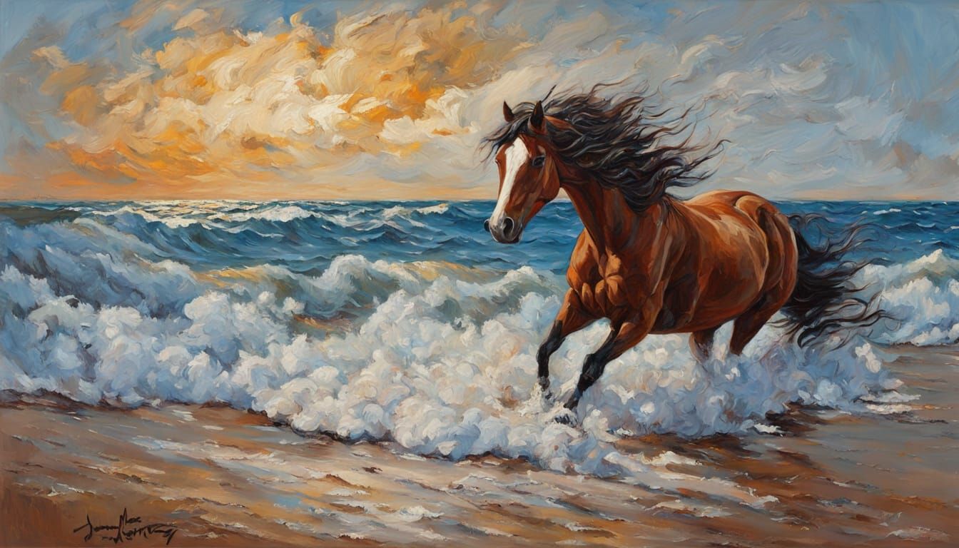 Elegant Mare Gallops Along Sunset Shore