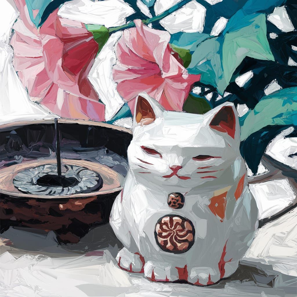 Minimalist Acrylic Painting of Cat Incense Burner
