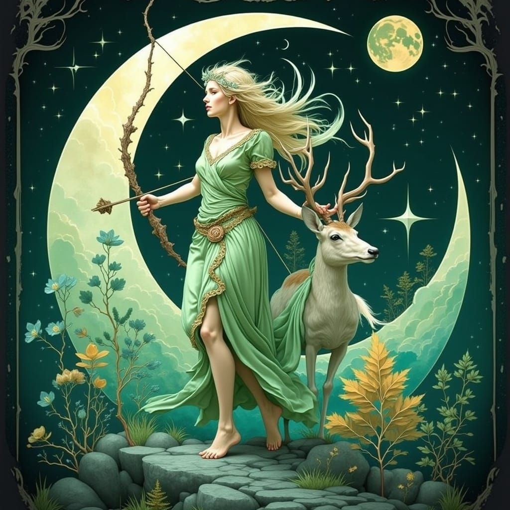 Artemis Hunts by Crescent Moonlight in Enchanted Forest
