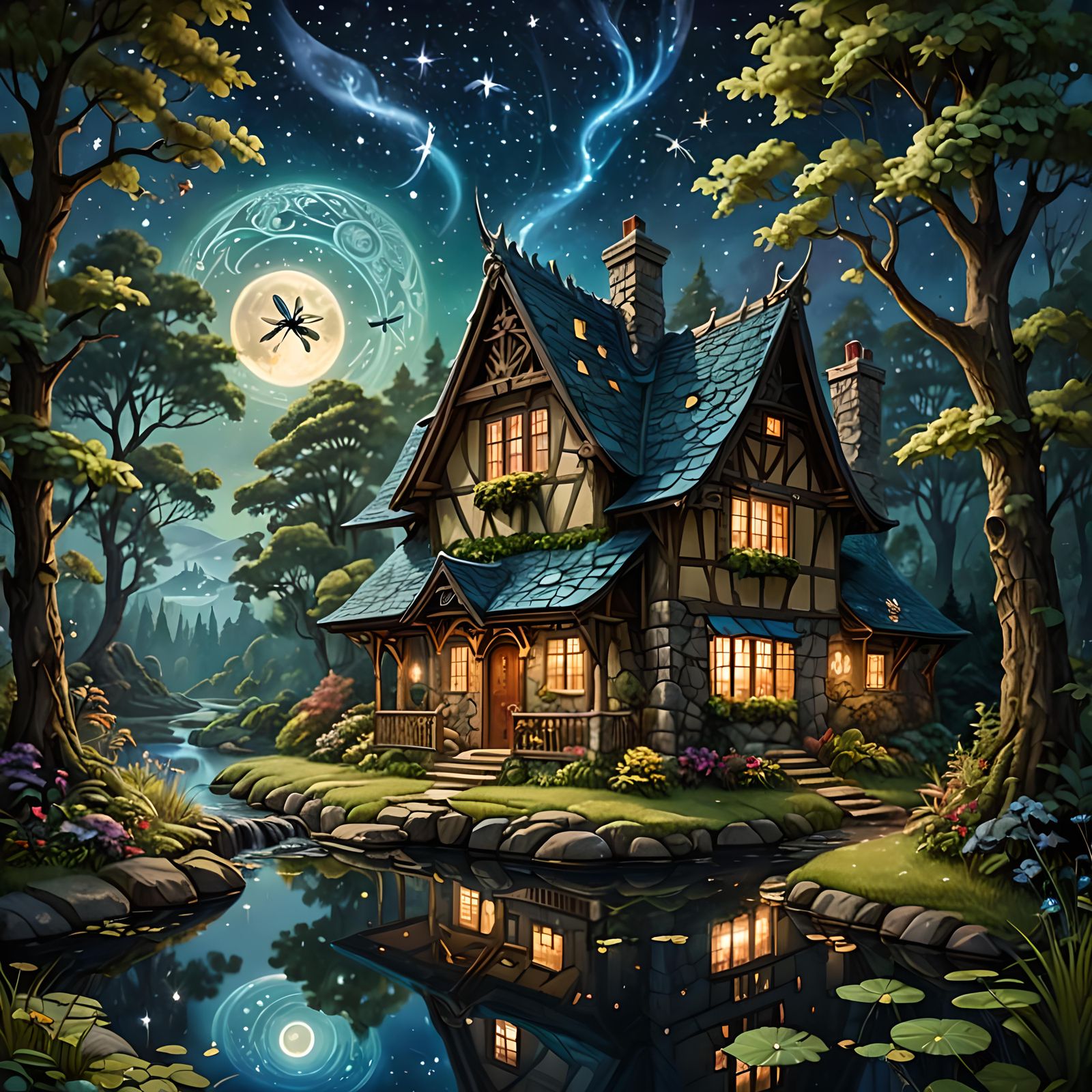 Enchanted Forest Cottage at Night in Silk Painting Style