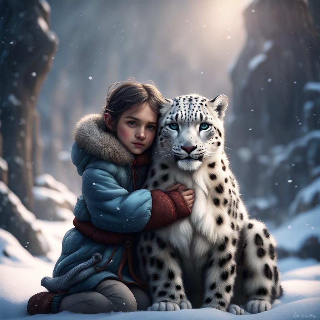 Little Girl Hugs Snow Leopard: Detailed Matte Painting