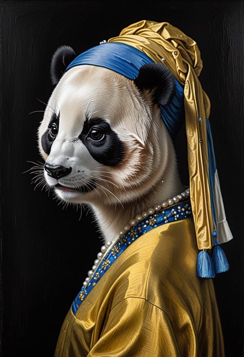 Panda Girl with Pearl Earring in Dutch Master Style