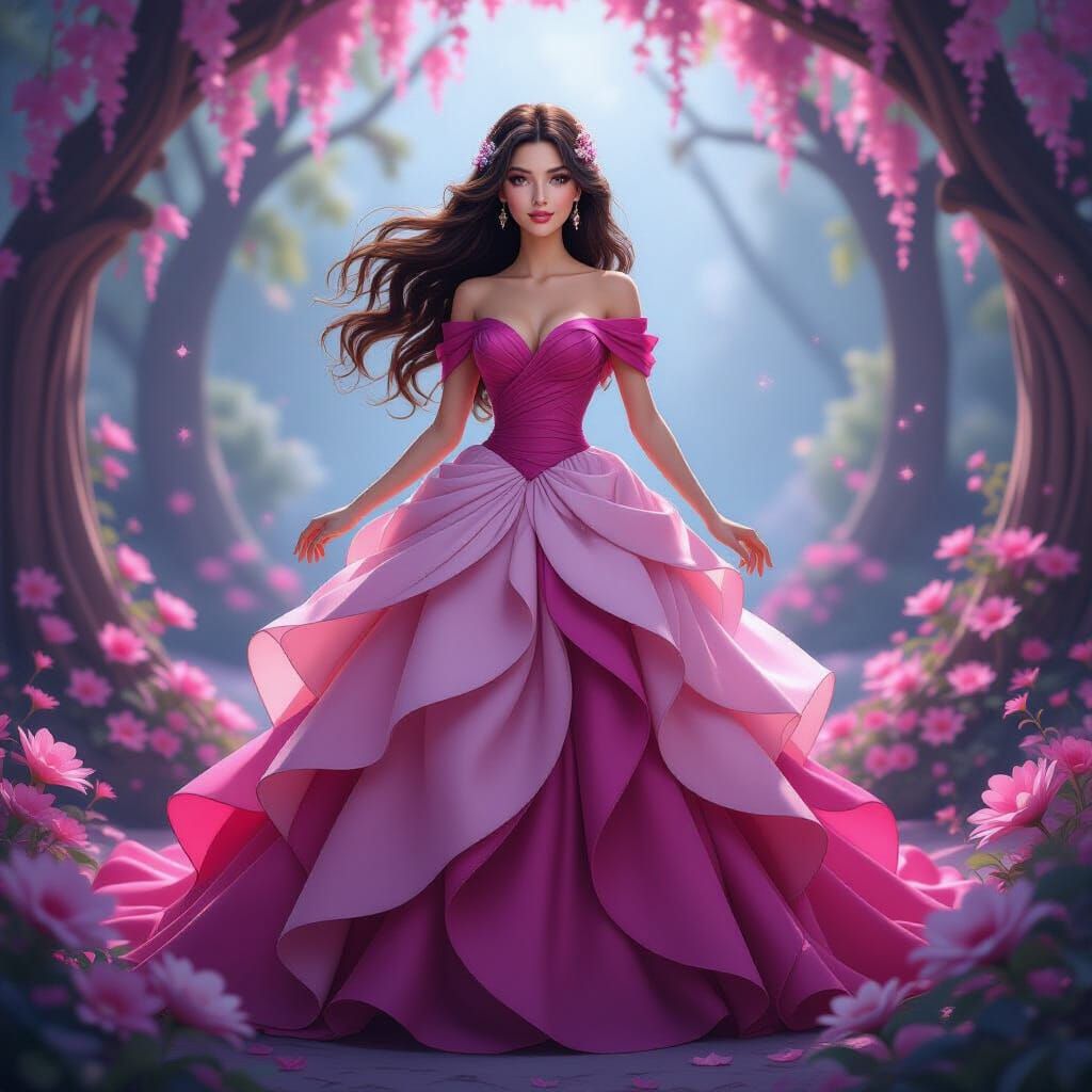 Animated Model in Pink Ball Gown in Magical Setting