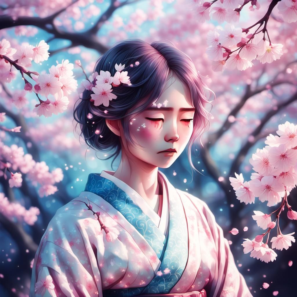 Sorrowful Anime Woman Surrounded by Cherry Blossoms