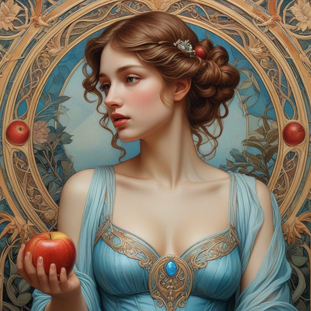 Aphrodite Contemplates Apple in Art Nouveau Style